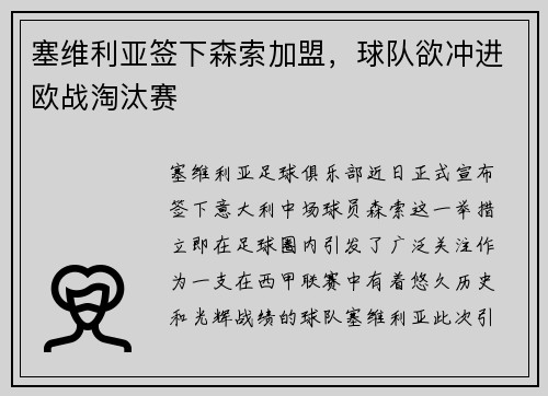 塞维利亚签下森索加盟,球队欲冲进欧战淘汰赛