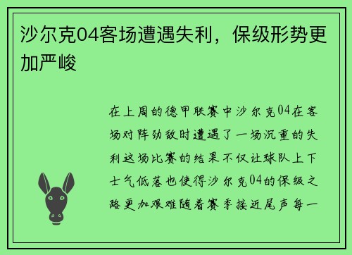 沙尔克04客场遭遇失利，保级形势更加严峻